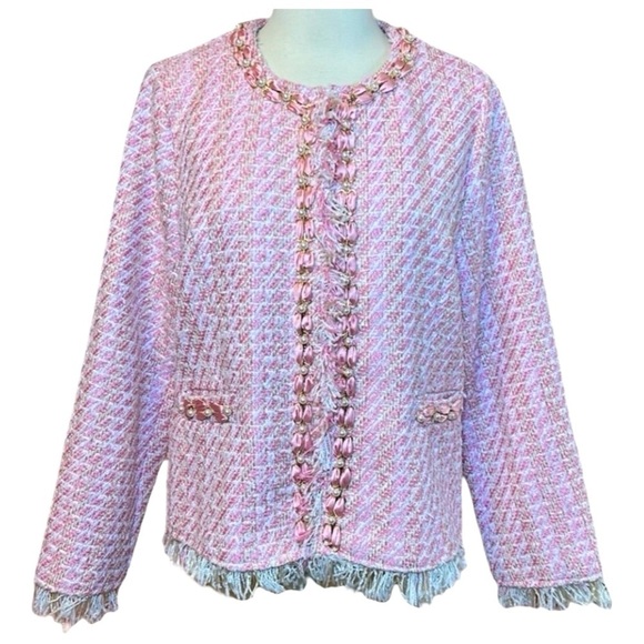 Michael Simon Pink & Cream Tweed Jacket, Pearl Ribbon Accent, size Large Petite - Picture 2 of 12